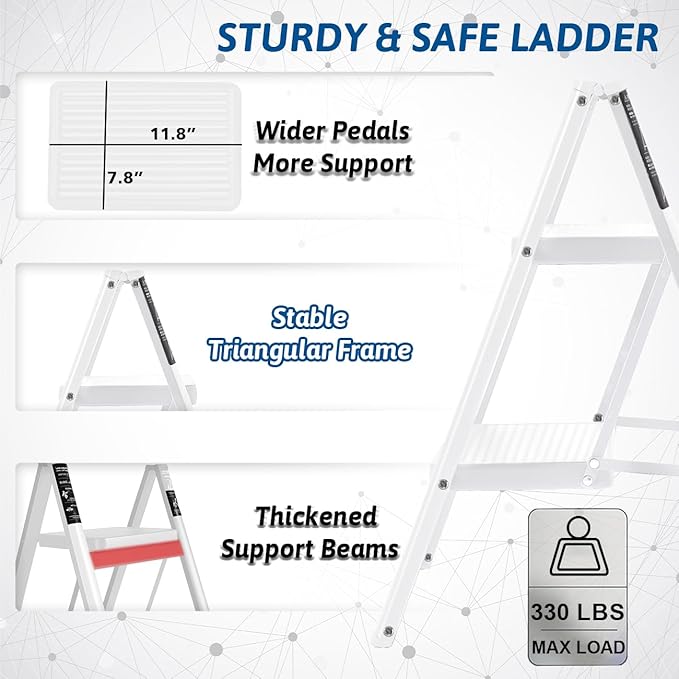 Double Elite Step Ladder 2 Step Folding, Sturdy 330 Lbs Load Step Stool for Adults, Safer Full Steel Kitchen Closet Ladder for Home, Multi-use Small Step Stool Ladder with Anti-Slip Wide Pedals, White
