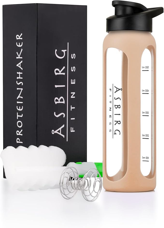 Fitness | Protein Shaker Made of Glass | Protein Shaker | Drinking Bottle | with Spiral Ball | Beige