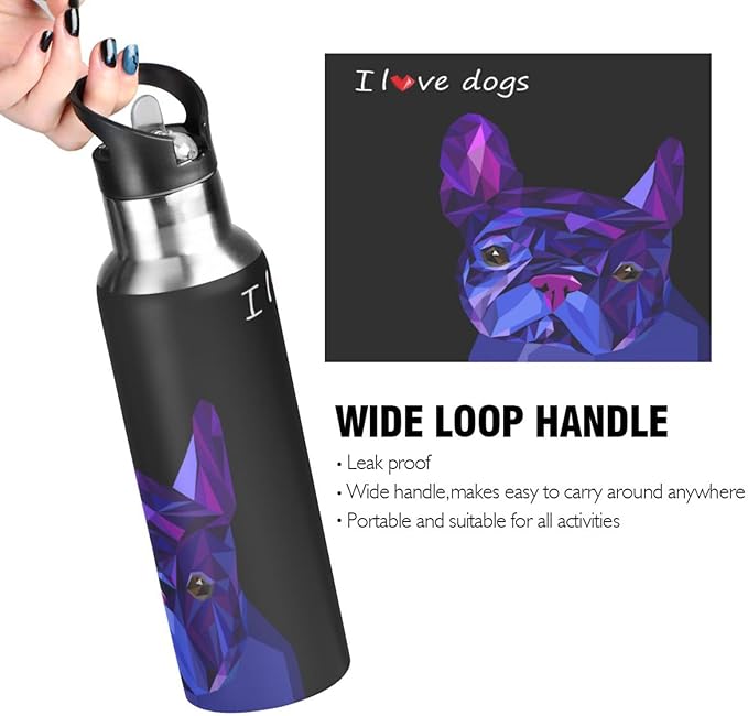 ALAZA Dog Cute Pet Animal Bulldog Water Bottle With Straw Lids Boys Girls,Vacuum Insulated Leakproof Stainless-Steel Sports Bottle Thermal Flask For Gym Yoga Camping,34Oz (1000Ml)