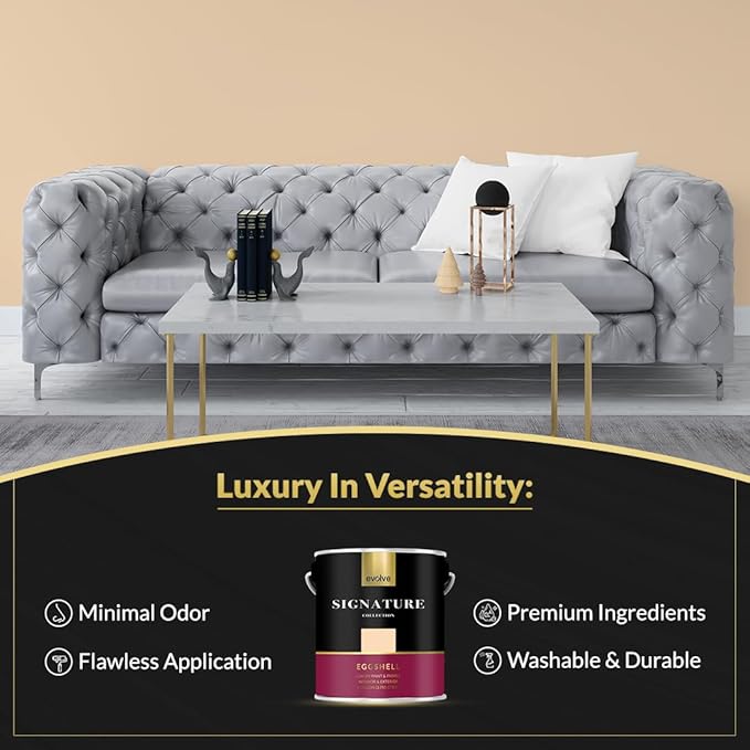 EVOLVE Signature Paint & Primer: Luxury Paint & Primer for Indoor & Outdoor Surfaces, Minimal Odor, Eggshell Sheen (Peach Cream, 1 Gallon)