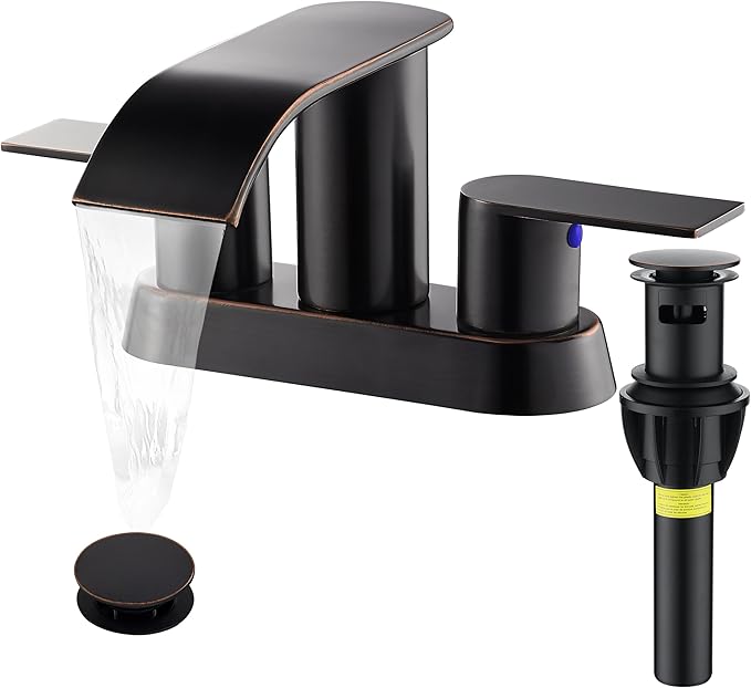 Waterfall Bathroom Sink Faucet 4 Inch Faucet 2 Handle Lead-Free Oil Rubbed Bronze, Bathroom Faucets with Pop Up Drain, 2 or 3 Holes Bathrooms Basin Lavatory Mixer Tap with Deck Mount Plate