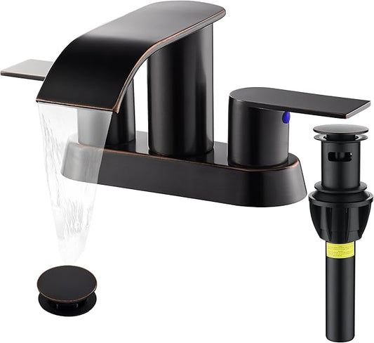 Waterfall Bathroom Sink Faucet 4 Inch Faucet 2 Handle Lead-Free Oil Rubbed Bronze, Bathroom Faucets with Pop Up Drain, 2 or 3 Holes Bathrooms Basin Lavatory Mixer Tap with Deck Mount Plate