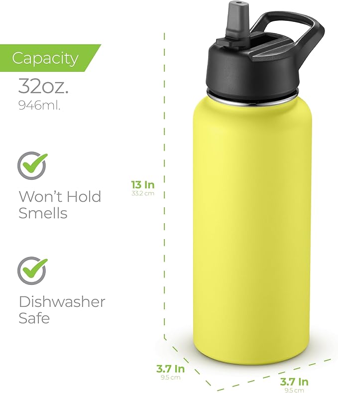SipX™ Triple-Insulated Stainless Steel Water Bottle 32oz. With 3 Lids, BPA-Free Reusable Insulated Water Bottle Keeps Cold 24 Hours, Metal Water Bottle Made Of Sustainable Material For Hiking & Biking
