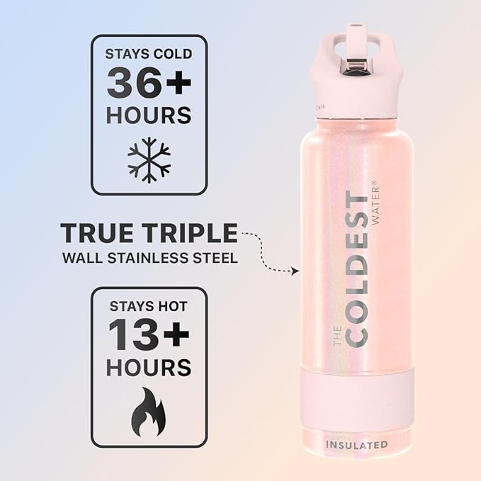 Coldest Sports Water Bottle with Straw Lid Vacuum Insulated Stainless Steel Metal Thermos Bottles Reusable Leak Proof Flask for Sports Gym (40 oz, Forever Pink Glitter)