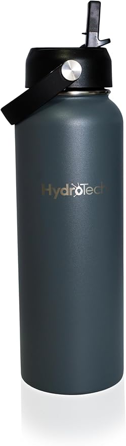 HydroTech Stainless Steel Leak Proof Water Bottle with Double Wall Insulation and 2 Lids (Straw Lid) - 40 OZ. (Dark Gray)
