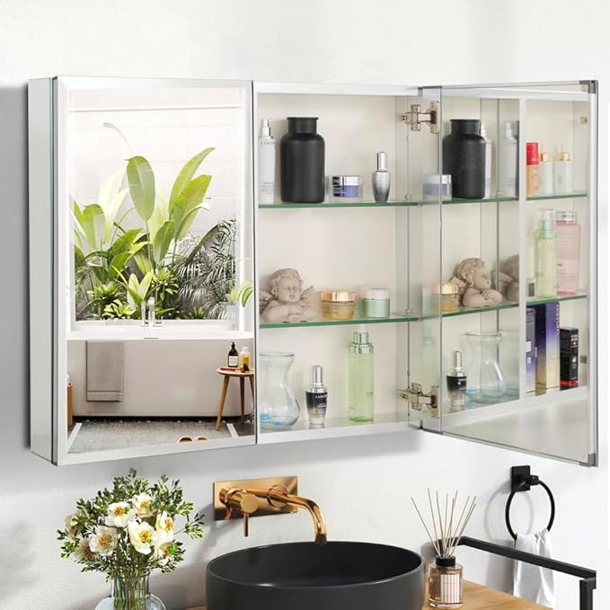 Movo Double Doors Medicine Cabinet with Mirror, 30 inch X 26 inch Aluminum Bathroom Medicine Cabinet, Adjustable Glass Shelves, Waterproof and Rust-Resist, Recess or Surface Mount