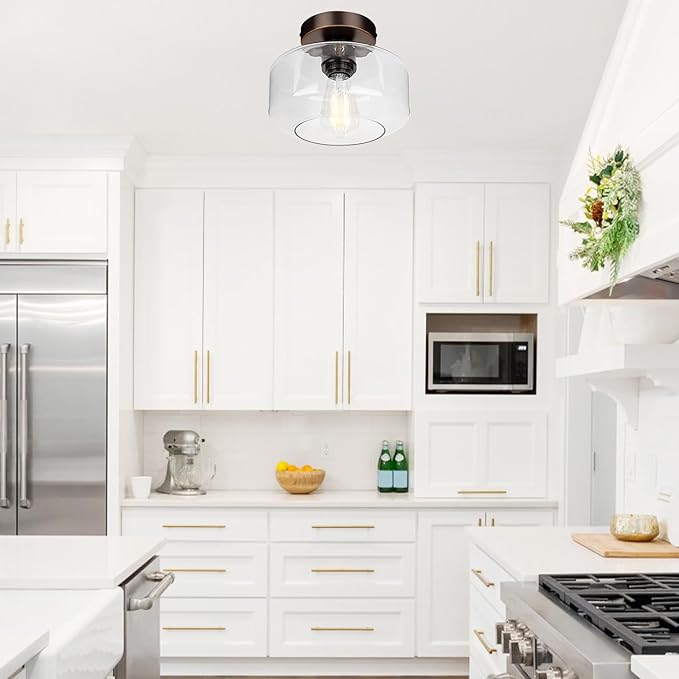 Industrial Semi Flush Mount Ceiling Light Oil Rubbed Bronze, 800 Lumen LED Bulb Included, Clear Glass Shade Ceiling Light Fixture, Light Fixture for Hallway Bathroom Bedroom, Hanging Light Fixtures