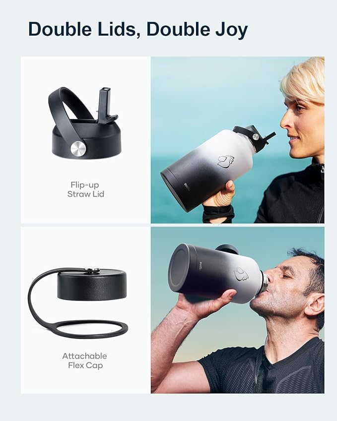 BUZIO 64oz Insulated Water Bottle with Straw Lid and Flex Cap, Stainless Steel Powder-Coat Water Flask, Keep Beverage Cold for 48 Hrs Hot for 24 Hrs Simple Thermo Canteen Mug, White and Black