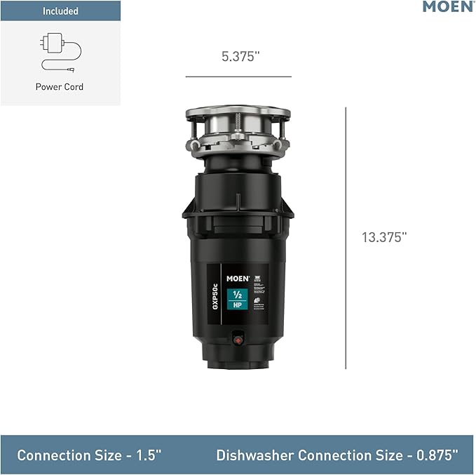Moen Prep Series PRO Continuous Feed Compact Garbage Disposal for Kitchen Sink with Power Cord, GXP50C