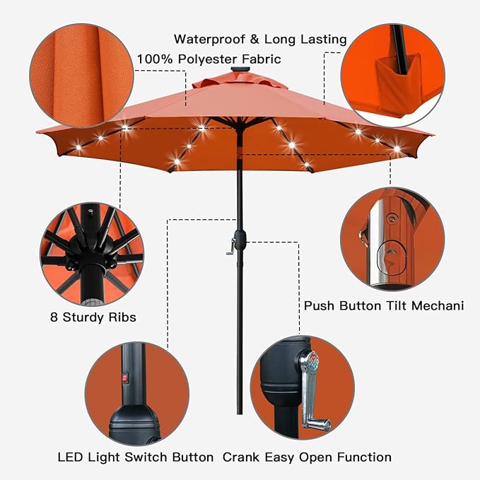 Sunnyglade 9' Solar LED Lighted Patio Umbrella with 8 Ribs/Tilt Adjustment and Crank Lift System (Orange)