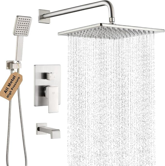 POP SANITARYWARE Shower Tub Faucet Set Brushed Nickel Bathroom Rain Shower System with Tub Spout Wall Mounted Rainfall 10 Inch Thickened Shower Head and Handle Set Include Shower Valve and Trim Kit