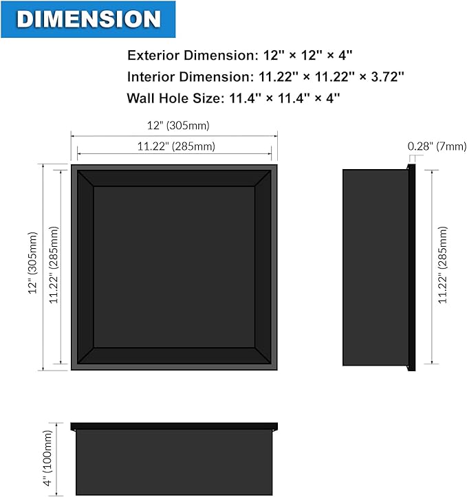 Shower Niche - 12 x 12, Matte Black Stainless Steel Recessed Shower Niche for Bathroom Storage, No Tile Needed, Over Mount Installation