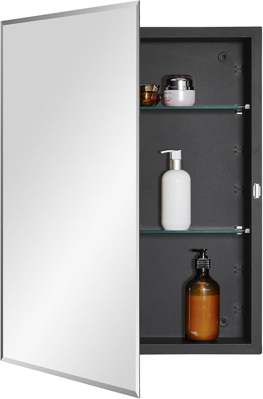 Black Bathroom Medicine Cabinet with Beveled Edge Mirrored Door 20 x 26 inch, Recessed or Surface Mount, with Adjustable Glass Shelves