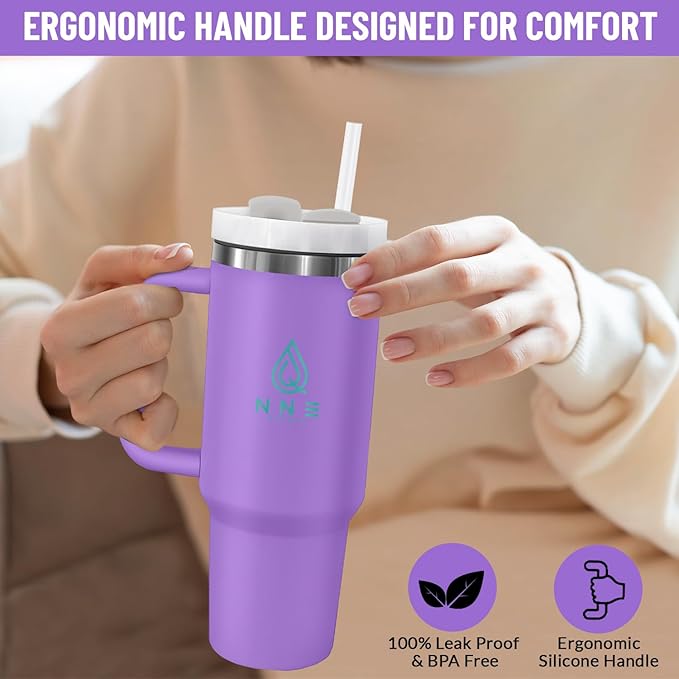 40oz stainless Steel Insulated Tumbler with Handle, lid and straw for cold water, Iced tea, or coffee - 100% Leak-Proof - Cupholder Friendly Travel Mug- Gifts for Women Men Him Her (Purple)