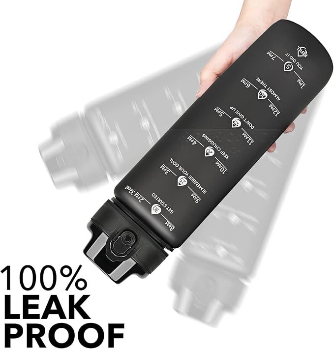 GOSWAG 32oz Motivational Water Bottles with Time Marker and Fruit Strainer, Sports Water Bottle with Times to Drink, Leakproof, Reusable Plastic Bottle with Strap no Straw for Gym, School