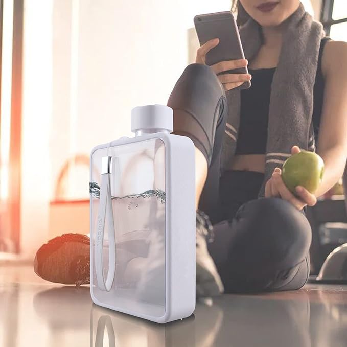 Flat Water Bottle, Portable A5 Water Bottle, 13oz Flat Travel Flask for Camping Fitness Gym (White)