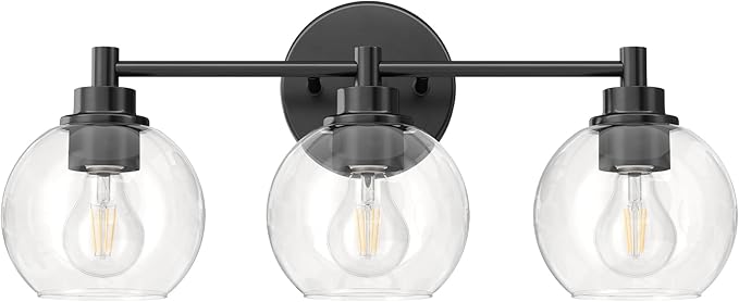 VONLUCE Bathroom Light Fixtures, 3-Light Vanity Light with Globe Glass Shades E26 Sockets, Bathroom Lights Over Mirror for Bedroom Hallway Living Room, Black Finish
