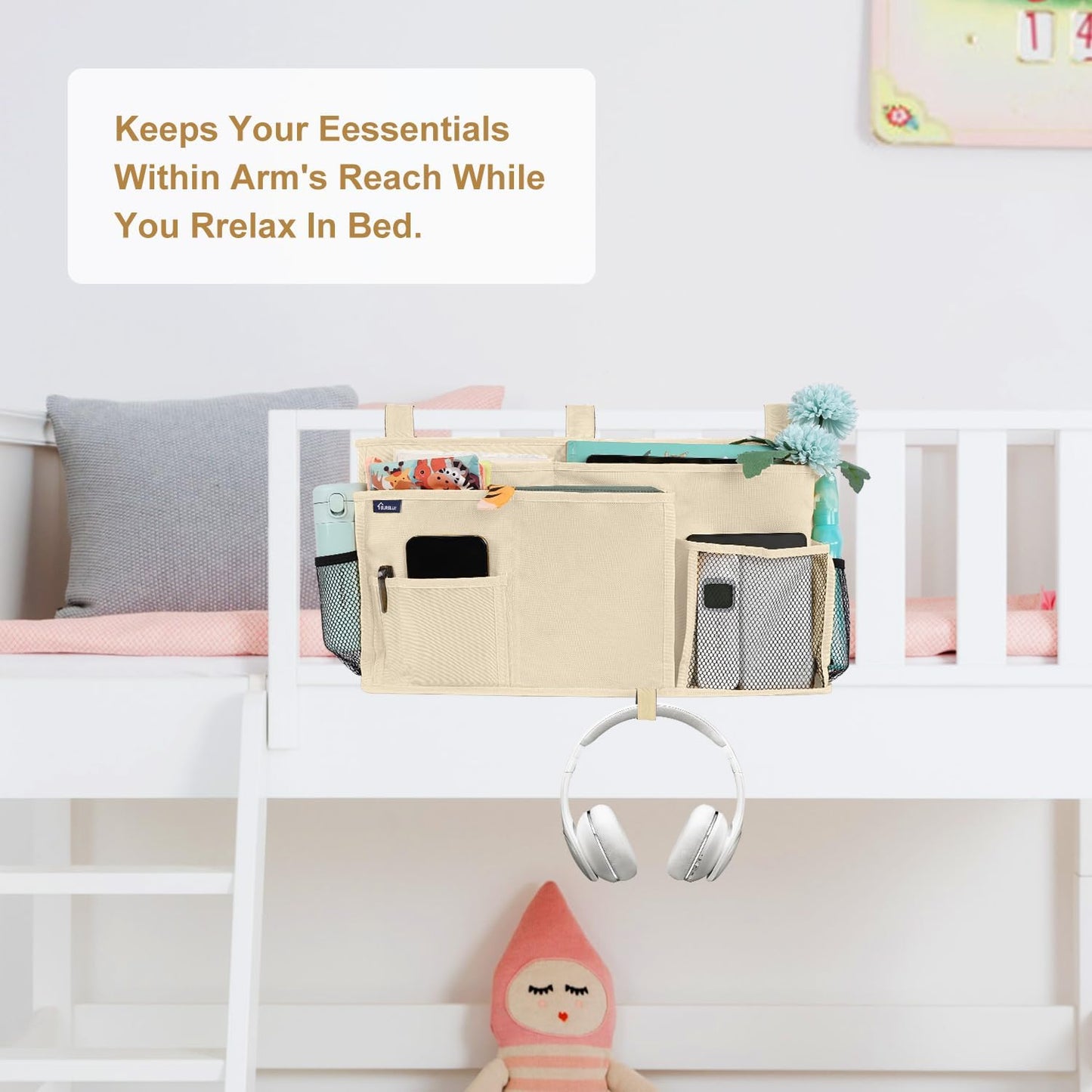 Surblue Bedside Caddy Hanging Organizer Storage Bag Pocket for Bunk, Hospital, College Dorm Rooms, Baby Bed Rails, Camp - 8 Pockets, Large, Beige