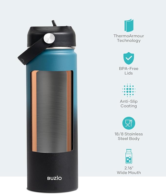 BUZIO Insulated Water Bottle with Straw Lid and Flex Cap, 22oz Modern Double Vacuum Stainless Steel Water Flask, Cold for 48 Hrs Hot for 24 Hrs Simple Thermo Canteen Mug, Indigo Black