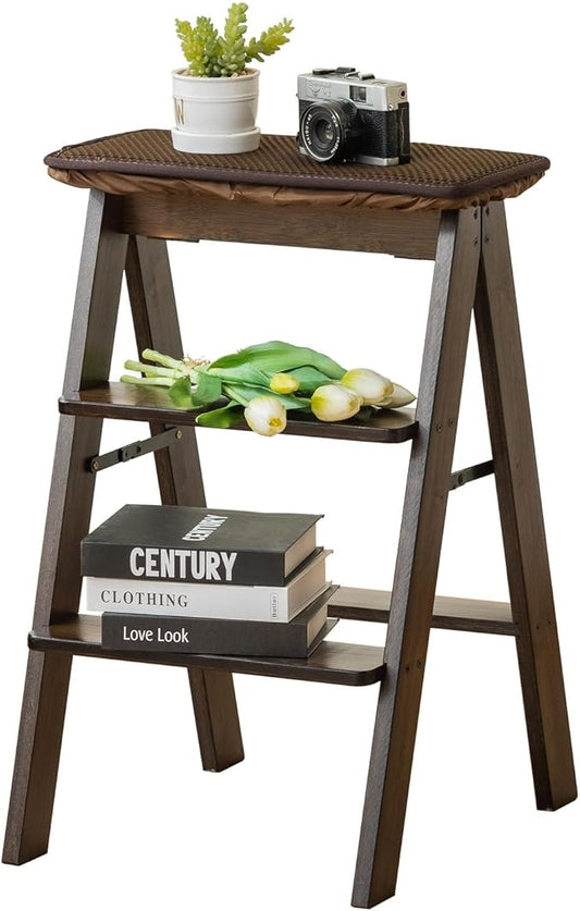 Latifolia Foldable 3 Step Ladder, Bamboo Step Stool with Floor Saver, Decorative Ladder Shelf for Living Room, Kitchen, Garden(Dark Walnut)