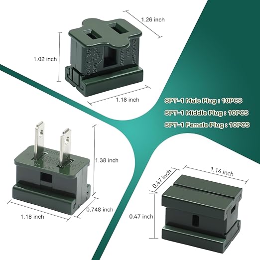 SPT-1 Male/Female Vampire Plug, Extension Cord Connector Combo Kit Green, Replacement Splice Zipper Plugs with SPT-1 Cable Adaptor Christmas Lighting String Extension Cord (10 pcs Plugs Each)
