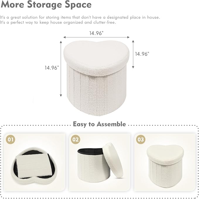B FSOBEIIALEO Storage Ottoman Cube, Heart Shaped Ottomans with Storage Foot Stool Footrest for Lving Room, Boucle Ottoman Seat for Dorm Room,Faux Teddy Fur, Cream White 15"x15"x15"