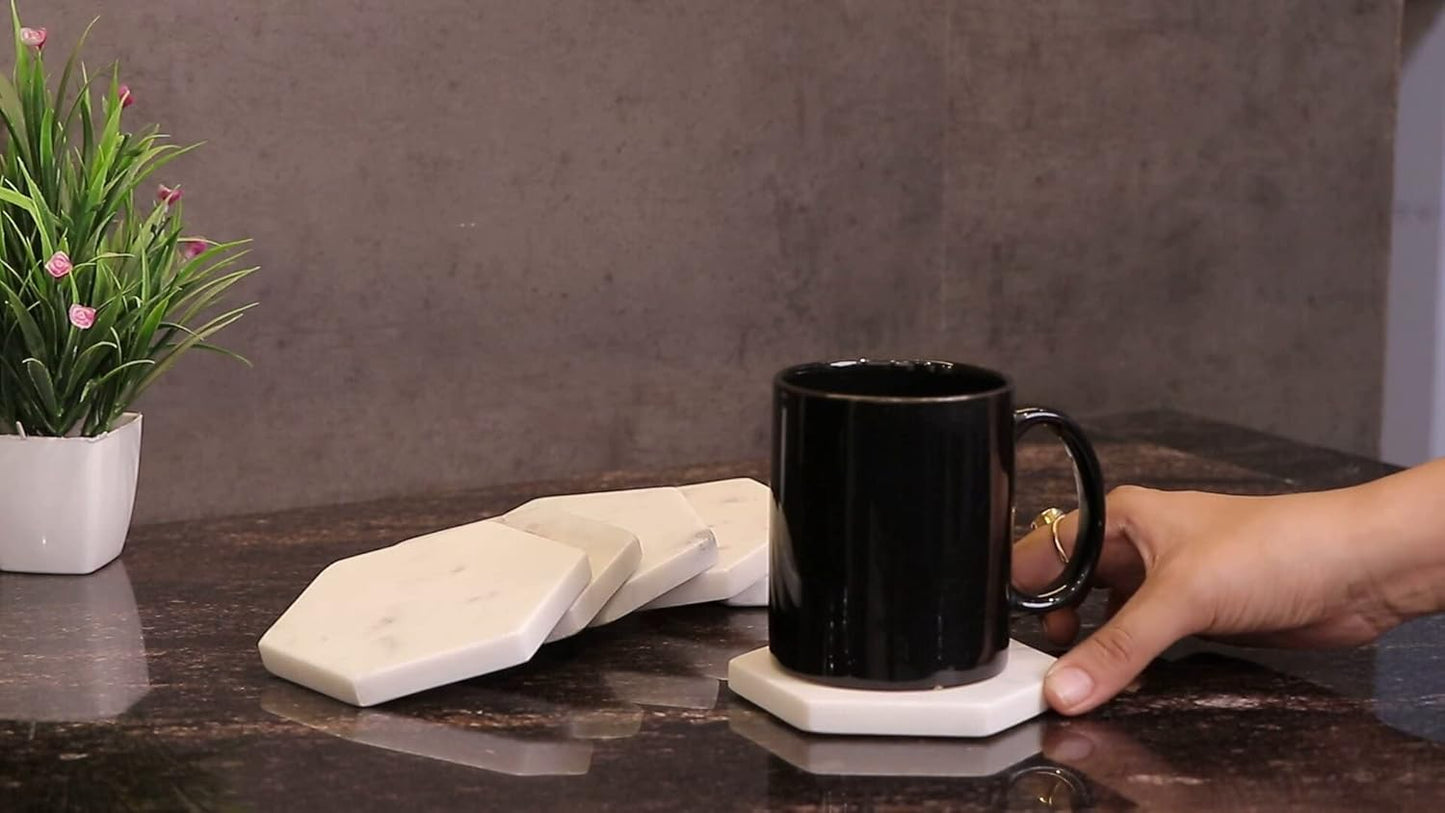 Set of 6 Hexagon Marble Coasters | White Decor for Modern Homes | Drink Coasters for Coffee Table, Dining, Bar or Office| Made from 100% Solid Real Marble | Cute Stone Coasters