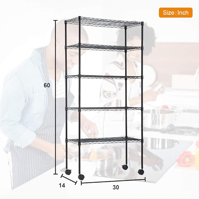 BestOffice | 5-Tier Wire Storage Shelves with Wheels | 14x30x60 | Black | Adjustable Racks | Heavy-Duty Metal Shelf, Holds Upto 220 lbs | No-Tool Assembly | Ideal for Home & Garage Shelving