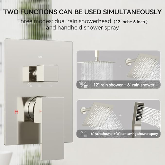 Shower Faucet Set Brushed Nickel Shower System, STARBATH 12+6" Double Rain Shower Head and Handheld Spray for Two Person, Ceiling Mount 3 Way Shower Valve with 5 Diverter and Trim Kit Shower Set