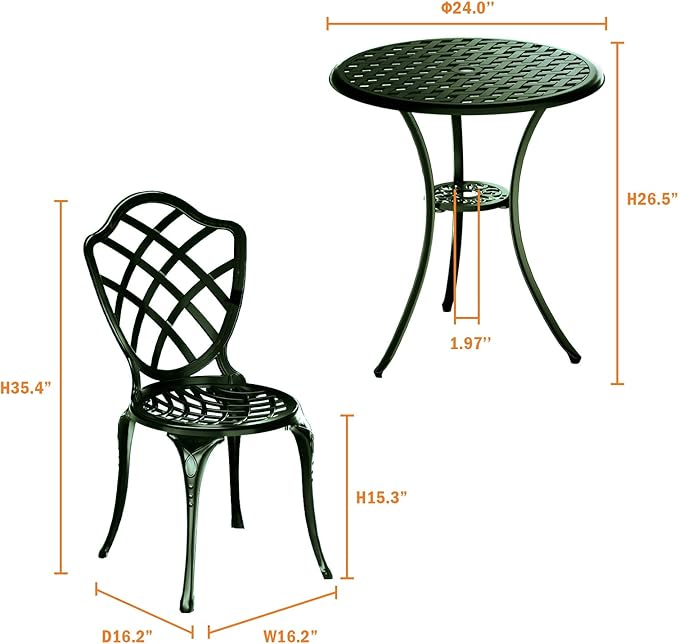 3 Piece Patio Bistro Set, Outdoor Bistro Table and Chairs Set of 2 w/Umbrella Hole, Rust-Resistant Cast Aluminum Bistro Set for Garden/Balcony/Backyard, Green