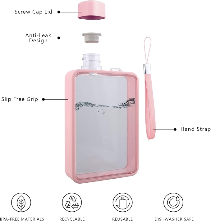 Flat Water Bottle, Portable A5 Water Bottle, 13oz Flat Travel Flask for Camping Fitness Gym (Pink)