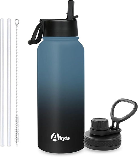 32 OZ Water Bottle, Sports Water Bottle with Straw Lid, Vacuum-Insulated Stainless-Steel, Double-walled Metal Thermos Water Bottle (Indigo black, 32 oz)