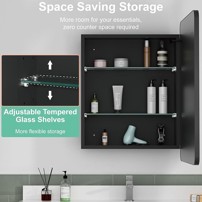 16x28 Inch Medicine Cabinet with Mirror, Recessed or Surface Mount Bathroom Medicine Cabinet with LED Lights, Anti-Fog, Memory Function, Adjustable Shelf, Dimmable Light, ETL Listed, Black,Right Hinge