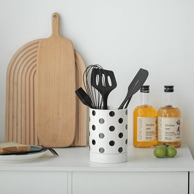Small Utensil Holder for Kitchen Counter 4.1 x 6 Inches Ceramic Cooking Utensil Crocks Countertop Organizer Vintage Farmhouse Kitchen Decor Caddy,Dots