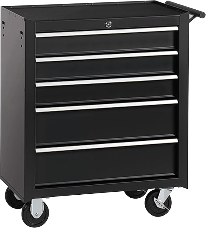 Tool Chest 5 Drawers Garage Storage Steel Frame Tool Chest with Wheels, Top Storage Rack, Rubber Mat, Side Handle for Warehouses and Workshop, Black