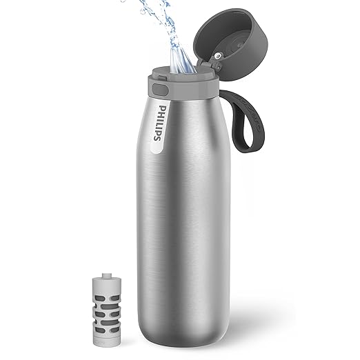 Philips GoZero Everyday Insulated Stainless Steel Water Bottle with Philips Everyday Tap Water Filter BPA Free Transform Tap Water into Healthy Tastier Water Keep Drink Hot/Cold, 32 oz, Stainless
