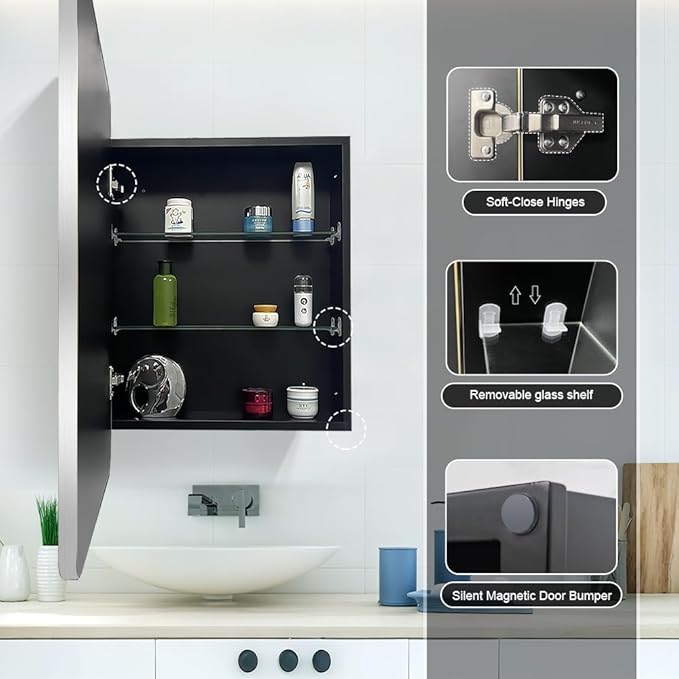 16×26inch Medicine Cabinet,Brushed Aluminum Framed,Beveled Mirror,Soft Closing Hinge,Sliver,Detachable Side Plate for Recess Mount or Surface Mount