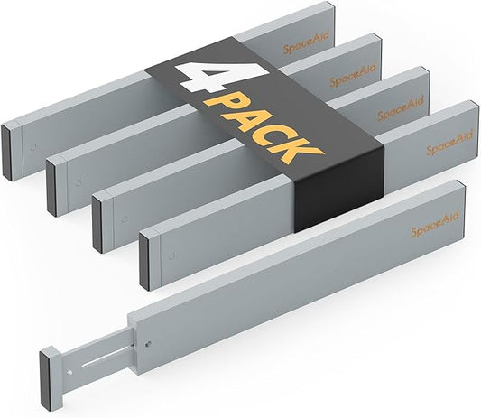 SpaceAid 4 Pack Bamboo Drawer Dividers with Labels, Kitchen Adjustable Drawer Organizers, Expandable Organization for Home Clothes Dressers (17-22 in, Gray)