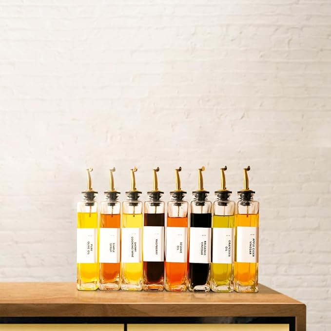 Olive Oil Dispenser for Kitchen, Cooking Oil and Vinegar Dispenser Set, Olive Oil Bottle, Soy sauce dispenser, coffee syrup bottles with stainless steel pourers - 4 pcs, Gold