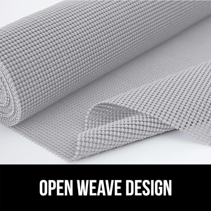 Gorilla Grip powerGRIP Drawer Shelf and Cabinet Liner, Thick Strong Hold, Non-Adhesive Liners Protect Kitchen Cabinets and Cupboard, Bathroom Drawers, Easy Install, Breathable Mat, 20" x10' Light Gray