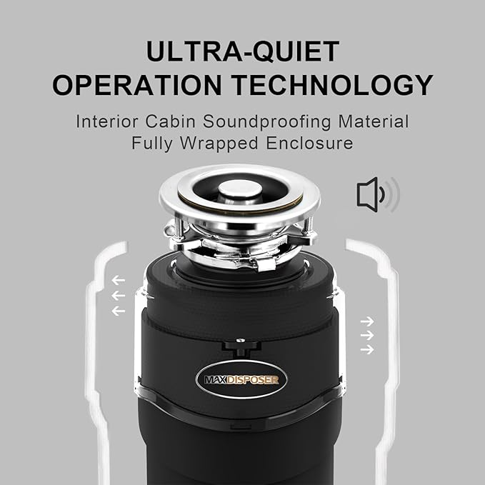Garbage Disposal 3/4 HP Ultra Quiet powerful grinding Kitchen Food Waste Disposer with Power Cord Easy install, AC Motor Unit Continuous Feed Stainless Steel Grind 0.75 Horsepower (MAX-5)