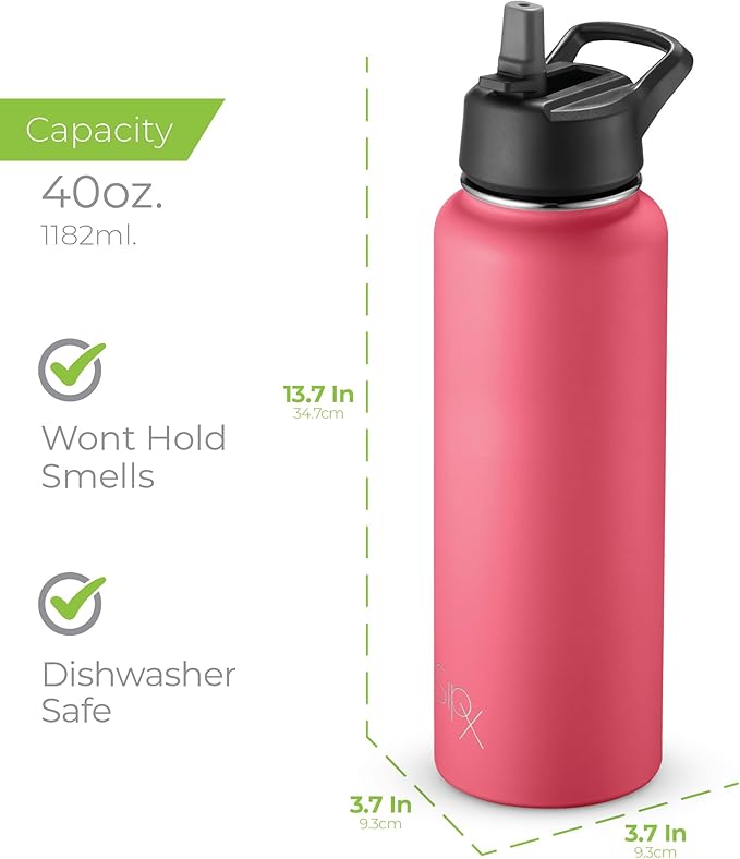 SipX™ Triple-Insulated Stainless Steel Water Bottle 40oz. With 3 Lids, BPA-Free Reusable Insulated Water Bottle Keeps Cold 24 Hours, Metal Water Bottle Made Of Sustainable Material For Hiking & Biking