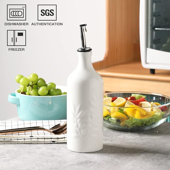 Sweejar Ceramic Olive Oil Dispenser Bottle, 20 Oz Relief Opaque Oil Cruet Protects Oil To Reduce Oxidation, Suitable for Storage Oil, Vinegar, Soy Sauce, Coffee Syrup, Liquids, Pack of 1 (White)