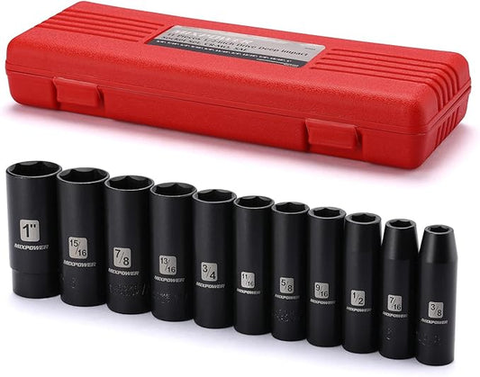 MIXPOWER 11 Pieces 1/2-Inch Drive Deep Impact Socket Set, 3/8-Inch to 1-Inch, CR-V, SAE, 6 Point, Deep, 11 Pieces 1/2" Dr. Socket