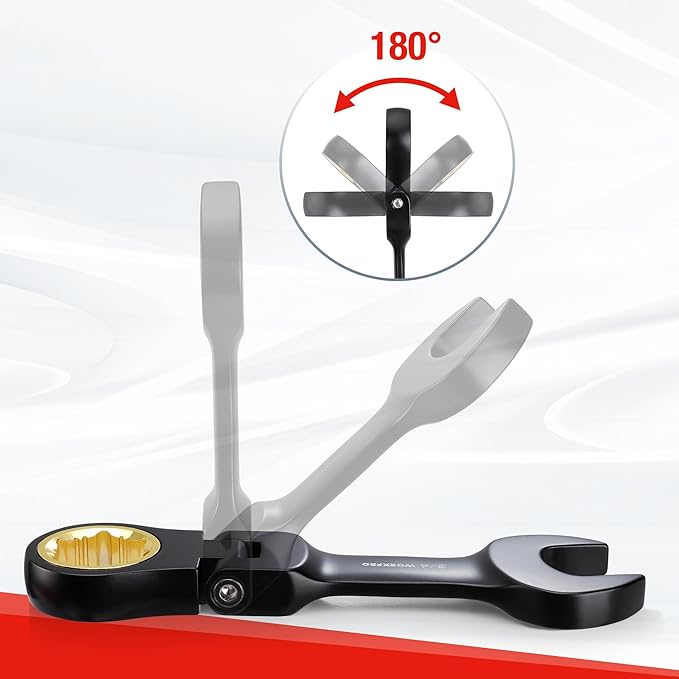 WORKPRO 8-Piece Stubby Anti-slip Ratcheting Combination Wrench Set, SAE 5/16-3/4 in, 72-Teeth, CRV, Black Electrophoretic Coating, Flex-Head Wrench Set with Rolling Pouch