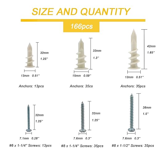 3 Sizes Self Drilling Drywall Anchors, 166PCS Nylon Plastic Wall Anchors and Screws for Drywall, No Pre Drill Hole Preparation Required,13x32mm,15x33mm,13x42mm