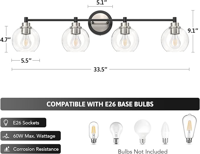 VONLUCE Bathroom Light Fixtures, 4-Light Vanity Light with Globe Glass Shades E26 Sockets, Bathroom Lights Over Mirror for Bedroom Hallway Living Room, Black & Nickel Finish
