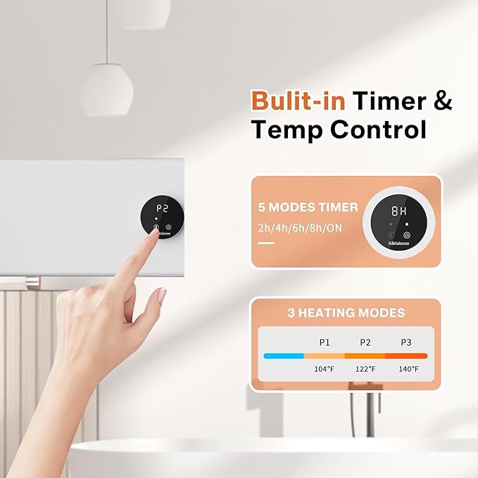 K&KALONZO Electric Towel Warmer, 18.8" W x 4.8" H Wall-Mounted Towel Heater with Built-in Timer, Waterproof Aluminum Towel Warmer for Bathroom, Support Plug-in and Hardwired, White, K1-R-W