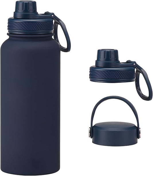 Navy 32 OZ Insulated Water Bottle, Large Metal Insulated Stainless Steel Water Flask, Big Sports Travel Water Bottle with 2 Lids, Insulated Thermos Thermal Mug Cup