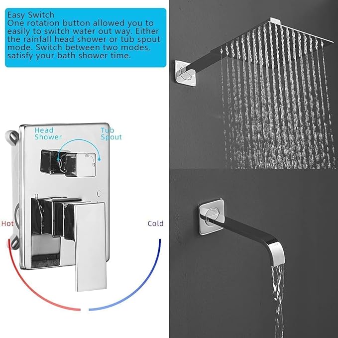 Polished Chrome Shower Faucet Set with Tub Spout Bathroom Luxury Rain Mixer Shower Head System Wall Mounted Shower Faucet Complete, Single Handle Tub and Shower Trim Kit with Rough-in Valve